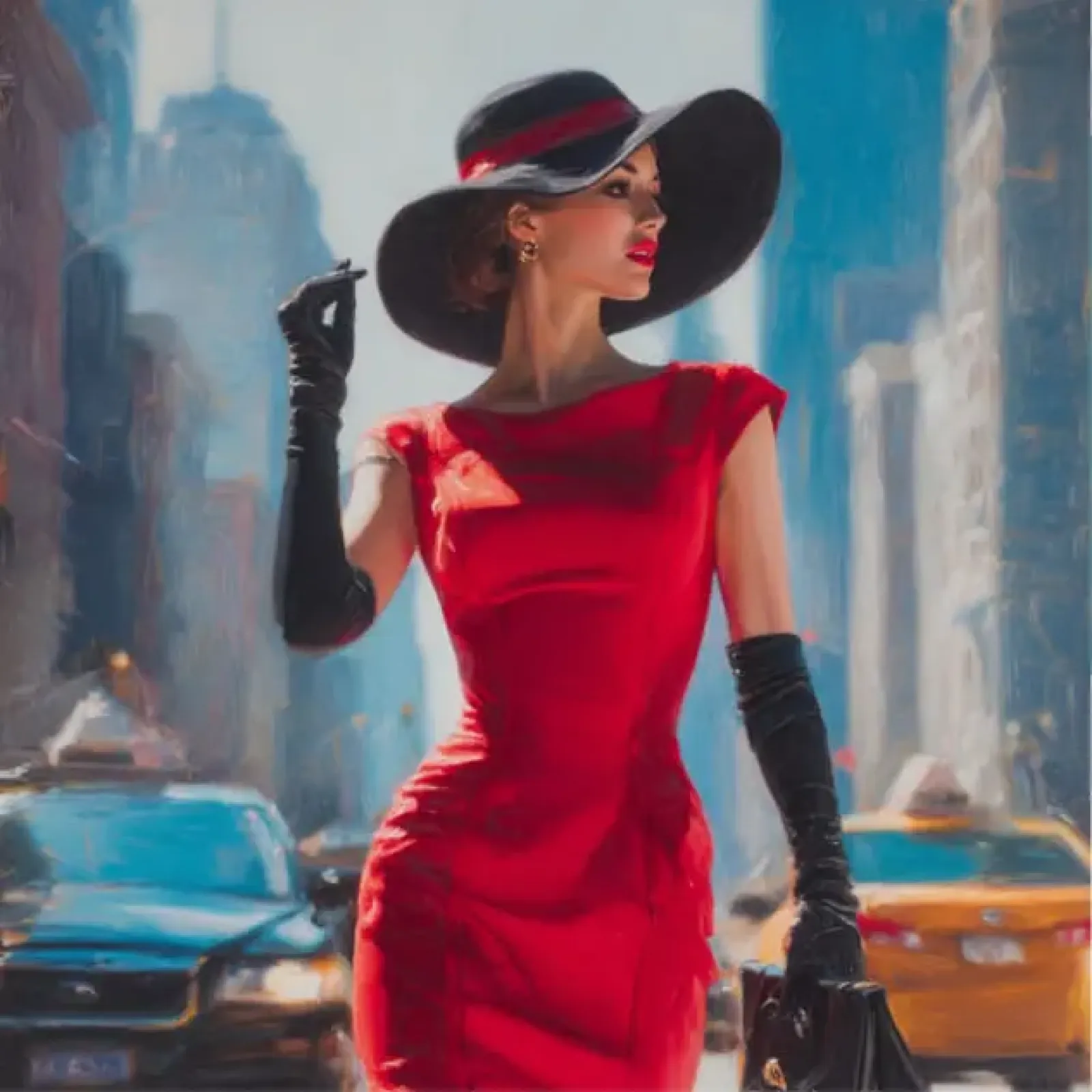 Oil painting of a beautiful woman in a red tight dress and hat walking on the street with a luxury car behind her. 